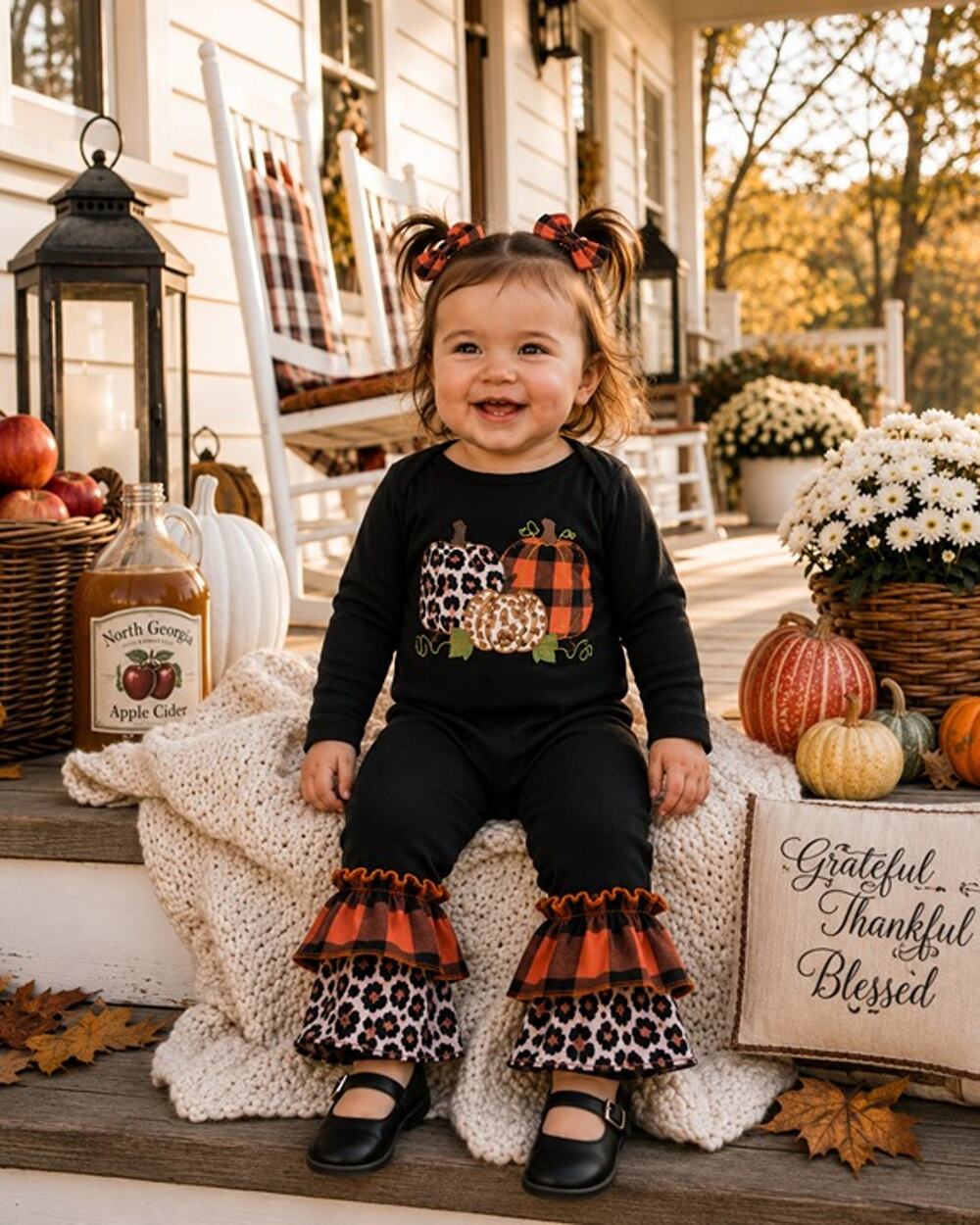 Boutique Pumpkin Appliqué Ruffle Romper | Black Fall Baby Girl Outfit | Buffalo